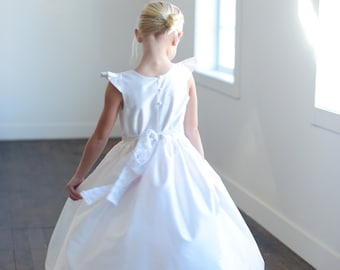 First Communion Dress or Flower Girl Dress in white pure silk and available in 140 different silk colours