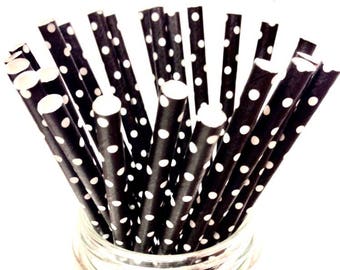 25 Black Polka Dot paper straws // baby bridal shower decorations / candy dessert buffet table // wedding // First birthday/new year party