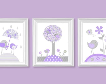 Gray and Lavender Nursery Decor, Purple Nursery Art, Birds, Flowers, Tree, Baby Girl's Room Decor, Playroom, Baby Shower Gift, Toddler Art