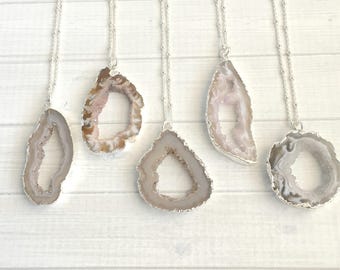Geode Necklace - Agate Slice Necklace - Stone Necklace - Silver Necklace - Layering Necklace - Boho Necklace - Mother's Day Gift