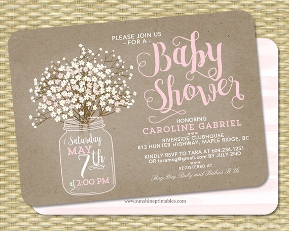 Rustic Baby Shower Invitation Baby Girl Kraft Mason Jar