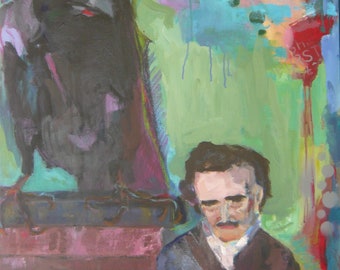 Original 30 x 24 inches, Edgar Allen Poe with his Muse, the Raven, nevermore leaving his side. Acrylic and Oil pastel on canvas