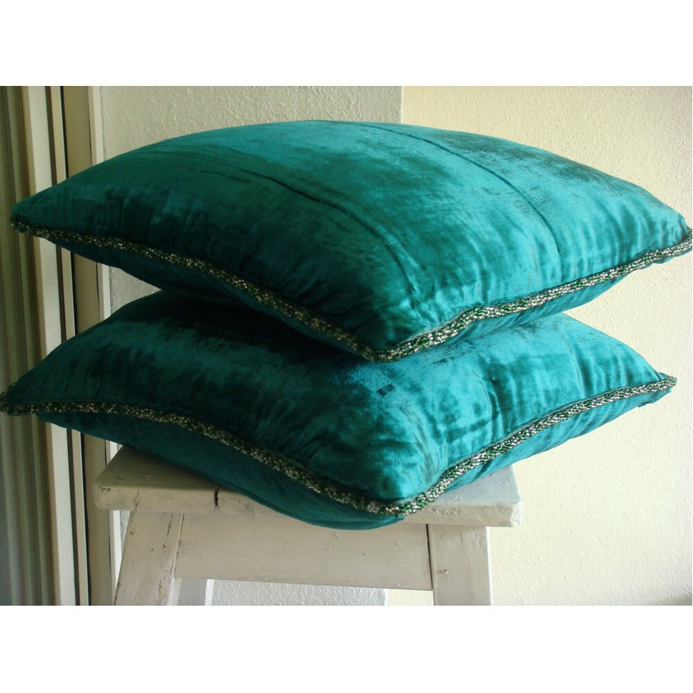 Royal Peacock Green Shimmer Euro Sham Covers 26x26 Velvet