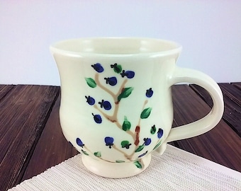 Ceramic coffee mug, tea cup, pottery mug with hand painted blueberries