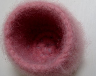 pink felted bowl, pink crocheted "nest" pink felted basket fuzzy pink bowl pink blue bowl "confection"