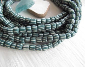 teal white striped glass seed beads, green small matte opaque ethnic spacer barrel tube, New Indo-pacific 3 to 6mm / 10 in strd, 7ab22-6