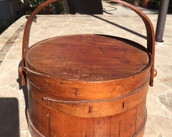 Antique Wood Firkin, Bucket with Pegged Swing Handle and Lid, Wonderful Rich Patina
