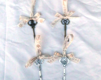 Skeleton key ornament, santas magic key, key christmas ornament. vintage inspired, you choose color metal & ribbon, silver, brass, ivory