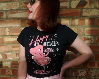 Pink Elephant Happy Hour Vintage Style Tee Shirt by Clumsy Kate