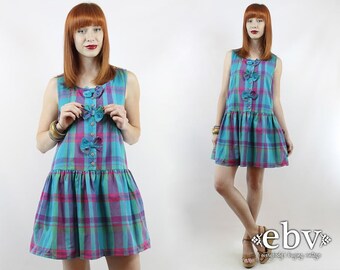 90s Plaid Dress 90s Dress 90s Mini Dress Vintage 90s Blue Plaid Babydoll Dress S M 90s Grunge Dress Blue Plaid Dress Bow Dress Summer Dress