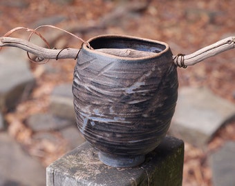 Yunomi shaped ceramic tea bowl with driftwood and wire accents organic home decor