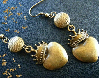 Bronze earrings, crowned heart.