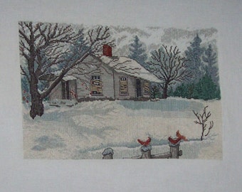 Finished Counted Cross Stitch House in Snow