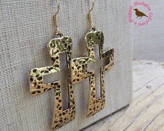 Oversized Antiqued Gold Cross Dangle Earrings, 3 Inch Silver Cross Earrings, Minimal, Antiqued Gold Cross, by Magpie Madness for Etsy
