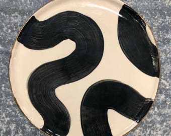 Large Platter Serving Plate Black Wiggle Gold Rim