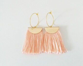 Sweet Peach/ Pink and Gold Tassle Hoop Earrings/ Peachy Hoops with Tassles