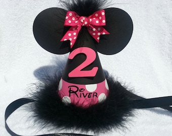 Minnie Mouse birthday party hat with name; dark pink; hot pink