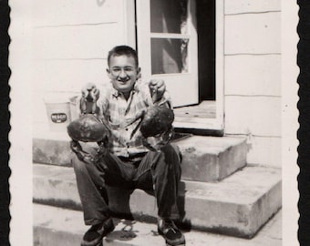 Vintage Snapshot Photo Man Poses with Freshly Caught Crabs 1940's, Original Found Photo, Vernacular Photography