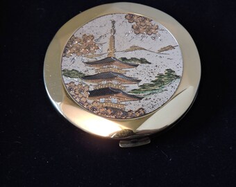 Pagoda Imagery Design Ladies YKK Vanity Powder w/ Mirror Compact & Powder Puff