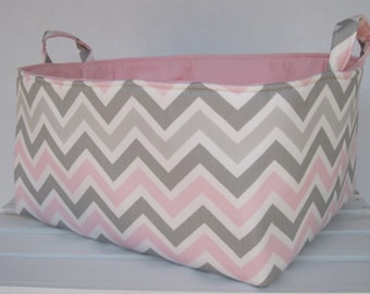 Pink/ Gray Zoom Zoom Chevron - Diaper Caddy - Storage Container Organizer Bin Basket - Nursery Baby Room Decor