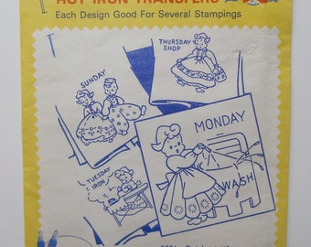 Vintage AUNT MARTHA'S Hot Iron Transfers 3021 Dutch Motifs Days Of The Week, Embroidery Transfers, Textile Painting, Needlepoint, Canvas.