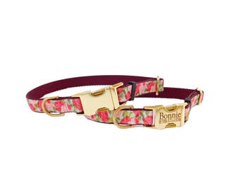 Rose Dog Collar, Personalized Dog Collar, Metal Buckle Pet ID Collar, Floral Print, Engraved Dog Collar