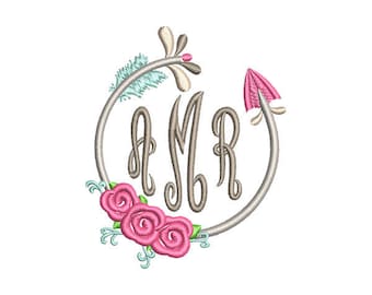 Floral Arrow Circle Monogram Frame Embroidery Design - Instant Download