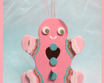 Pink Christmas Ornament - Pink and Pastel Gingerbread Man Birdhouse - "Gingerbread Gorgeousness"