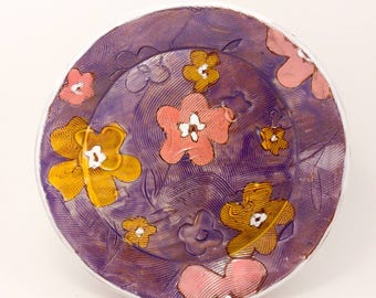 Purple Floral themed dinner plate - earthenware, handbuilt food safe plate made by Kaitlyn Brennan/Brennan Pottery