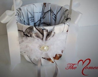 White Camo Flower Girl Basket, True Timber White Snowfall Satin Flower Girl Basket with White Accents, Wedding Basket