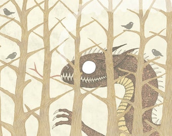 Dragon and Birds A4 Print