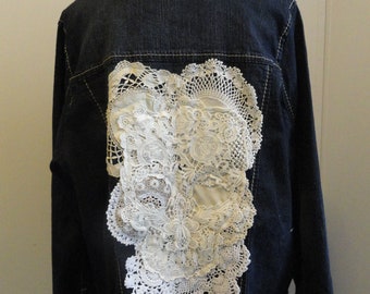 White Lace Skull Over Dark Blue Jean Jacket Sz L - XL