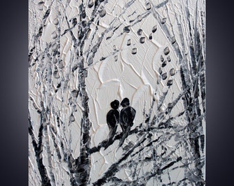 White Black 60x36 SERENADE Modern Abstract Birds Trees Landscape Palette Knife Oil Painting by Luiza Vizoli