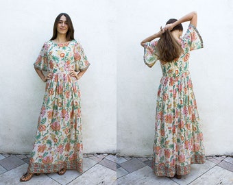 1970s Paisley Floral Indian Cotton Gauze Flutter Sleeve Maxi Dress | Pastel Block Print India Dress | Ethnic Bohemian Festival Dress