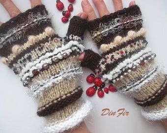 Women Size M 20% OFF Ready To Ship Gloves Bohemian Accessories Boho Hand Knitted Fingerless Mittens Warm Wrist Warmers Winter Striped 1173