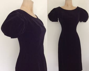 1960's Velvet Wiggle Dress with Exaggerated Puff Sleeves Size XS Small by Maeberry Vintage