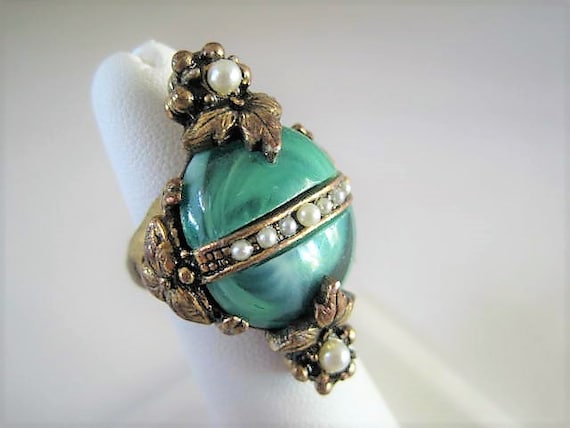 Turquoise Cocktail Ring, Lucite Cabachon, Large Stone, Expandable Size 7