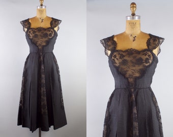 Vintage 1950s Black Silk and Lace Pleated Party Dress / 50s Black Lace Dress / Small