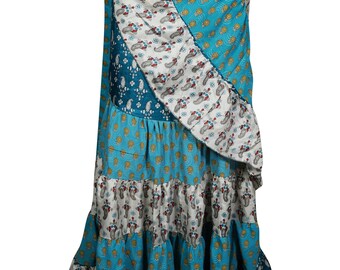Boho Chic Womens Wrap Skirt Vintage Printed Upcycled Silk Sari Summer Fashion Ruffle Beautiful Maxi Skirts
