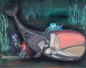 Whale Print Skeleton Mermaid Sugar skull Girl Print Cute Dead Dying Ocean Sad Sea Wall Art