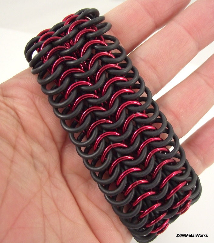 Men's Large Black Rubber and Red Aluminum Bracelet Unisex