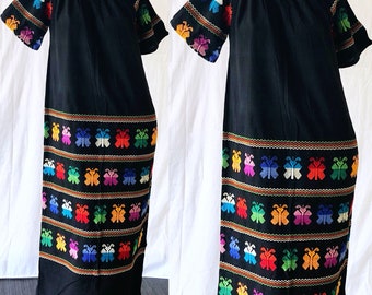 Mexican Dress Embroidered Dress 70s Boho Wedding Guatemalan Butterflies Hand Embroidered Caftan