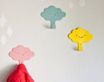 3 Cute Smily Clouds Children's Wall Hooks / Rainy Nursery Wall hangers / Kid's Towel Racks / Kids Room hooks / Nursery Wall Decor