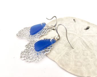 Sea glass earrings - cobalt blue sea glass on silver abstract drops, coral and seaglass drop earrings