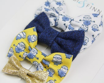 SALE MINIONS Hairbow SET of 4 Hairclip headband Holiday blue yellow white gold