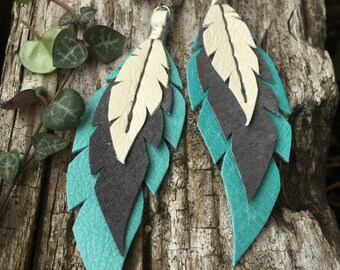 Layered Leather Feather Earrings