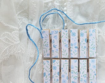 Bridal Wedding Boy Baby First Baby Shower - Blue Wildflowers Chunky Little Clothespin Clips w Twine for Display - Set of 12 - Gifts Under 10