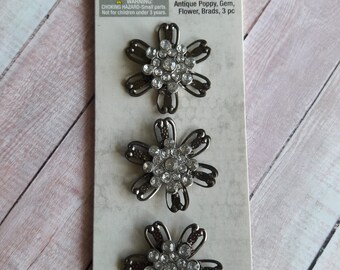 Antique Gemstone Poppy Flower Brads Trinkets Scrapbooking & Paper Craft Supplies
