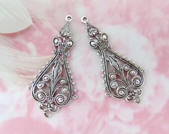 ANTIQUE SILVER * Large (1 Pair) Filigree Tea Earring Drop Connector Stamping ~ Finding (E-783)