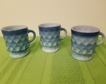 3 Fire King KIMBERLY Cup Mugs Blue Tones Diamond Pattern Anchor Hocking Fireking